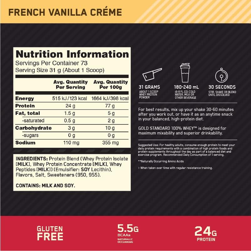 Gold Standard 100 Percent Whey Protein Powder, French Vanilla, 2.27Kg
