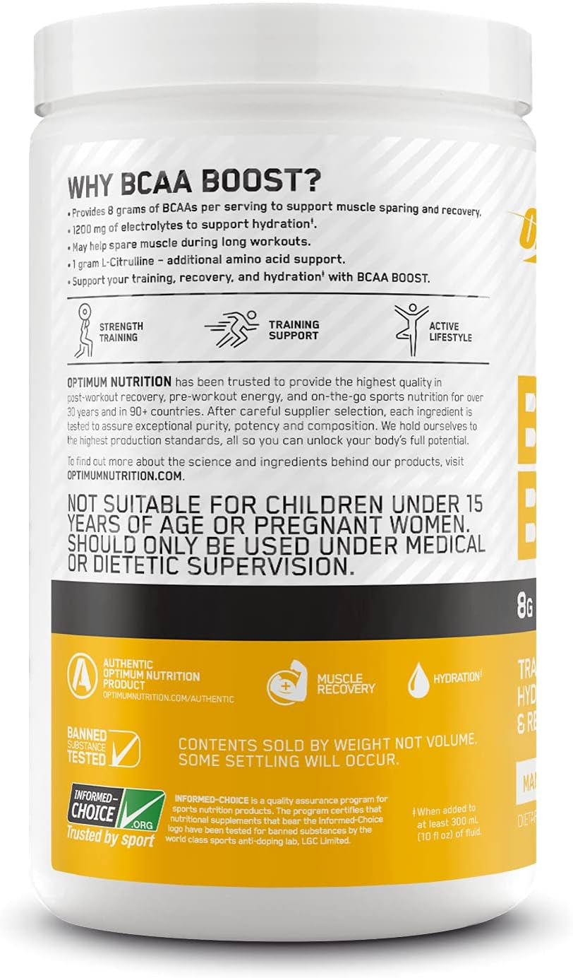 BCAA BOOST 8G BCAA + Electrolytes Powder, Mango Peach Flavor, 390G, 30 Servings