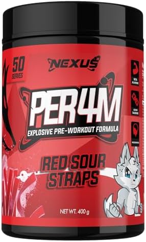 Nexus PER4M Pre Workout Powder Supplement, English Walnut, Alpha GPC, Caffeine Anhydrous, L-citrulline, Beta Alanine, Taurine, L-Tyrosine, Dairy & Gluten-Free, 50 Servings (400g) (Red Sour Straps)