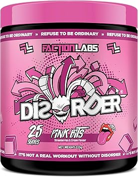 Faction Labs Disorder Original Pre-Workout Powder, Pink Bits (Strawberries & Cream) Flavour, 225 g (25 Serves) – High-Stim Formula for Energy and Focus – Vegan & Gluten Free – Almost Zero Sugar