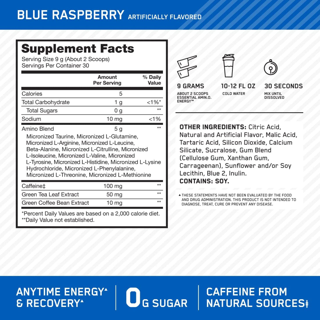 Amino Energy Powder, Blue Raspberry, 270G, 30 Servings