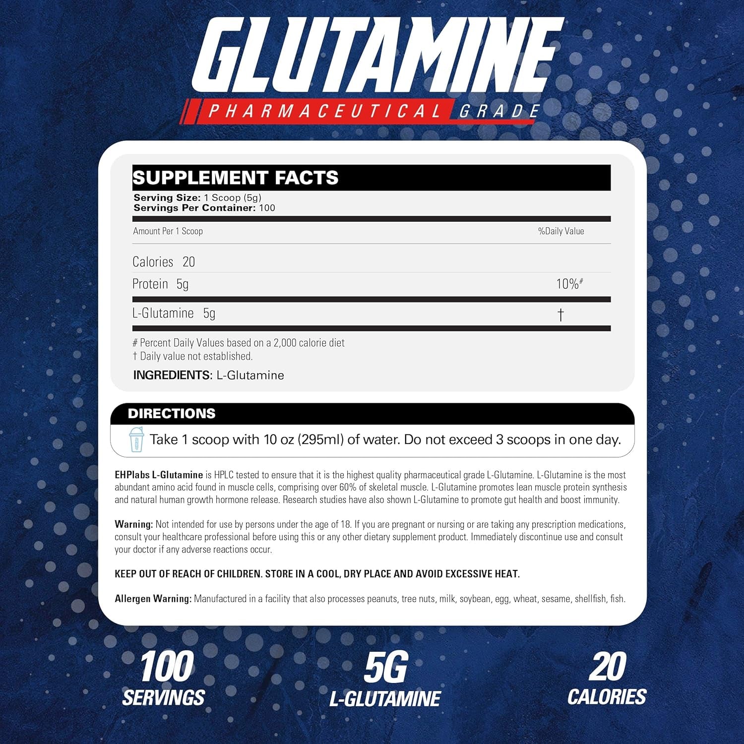 Ehplabs L Glutamine Powder Amino Acids - L-Glutamine Supplement for Gut Health (500G) Improves Muscle Recovery, Focus & Concentration - 100 Servings
