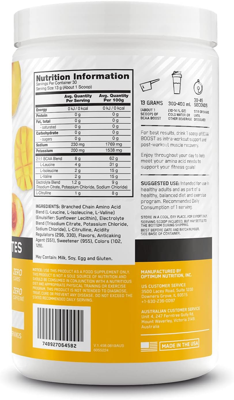 BCAA BOOST 8G BCAA + Electrolytes Powder, Mango Peach Flavor, 390G, 30 Servings