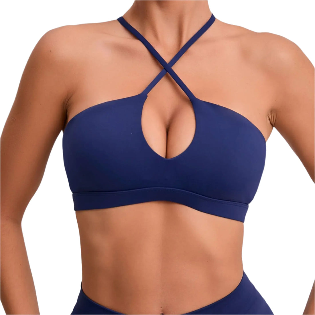 Navy blue sports bra worn by a person on a light gray background
