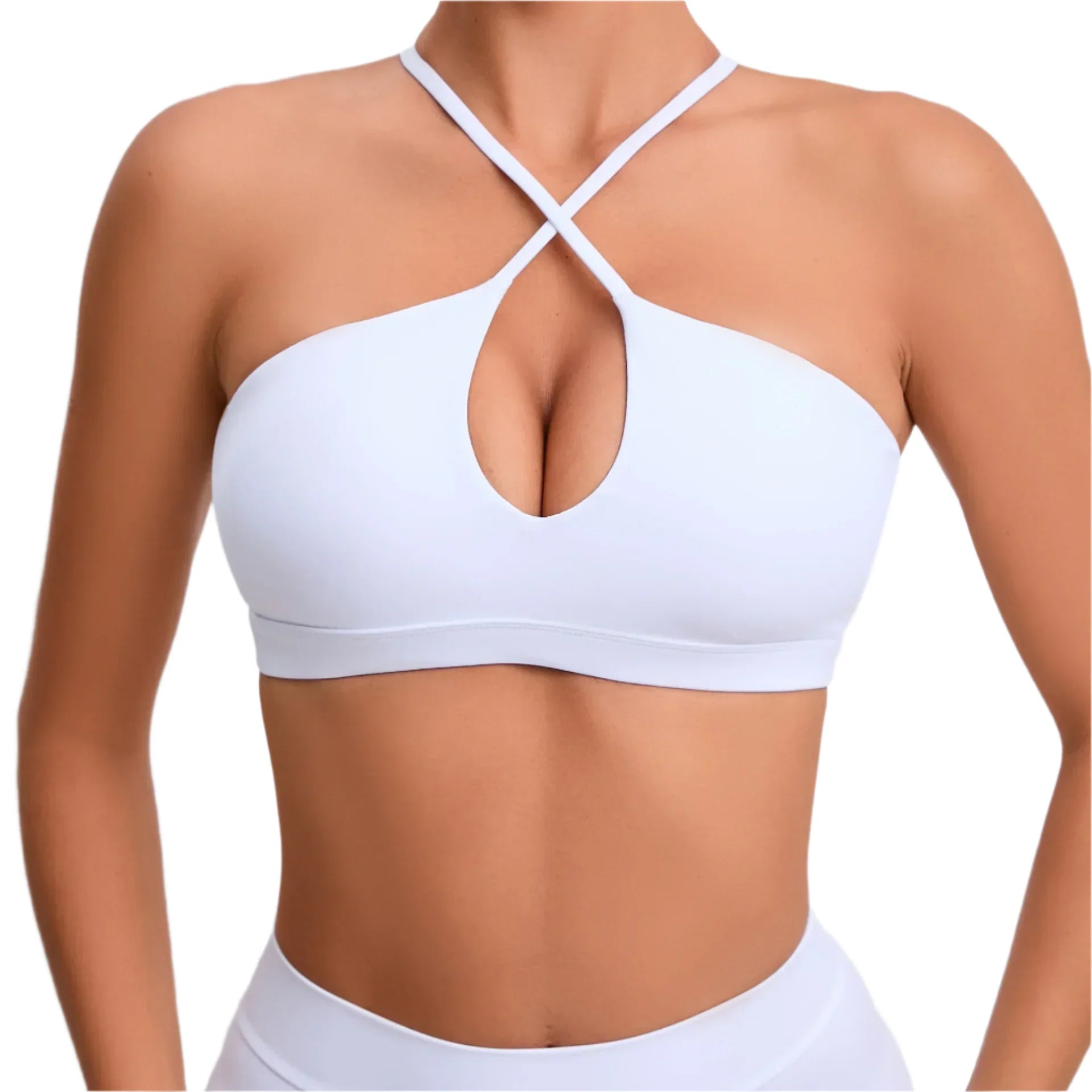 White sports bra worn by a person on a light gray background