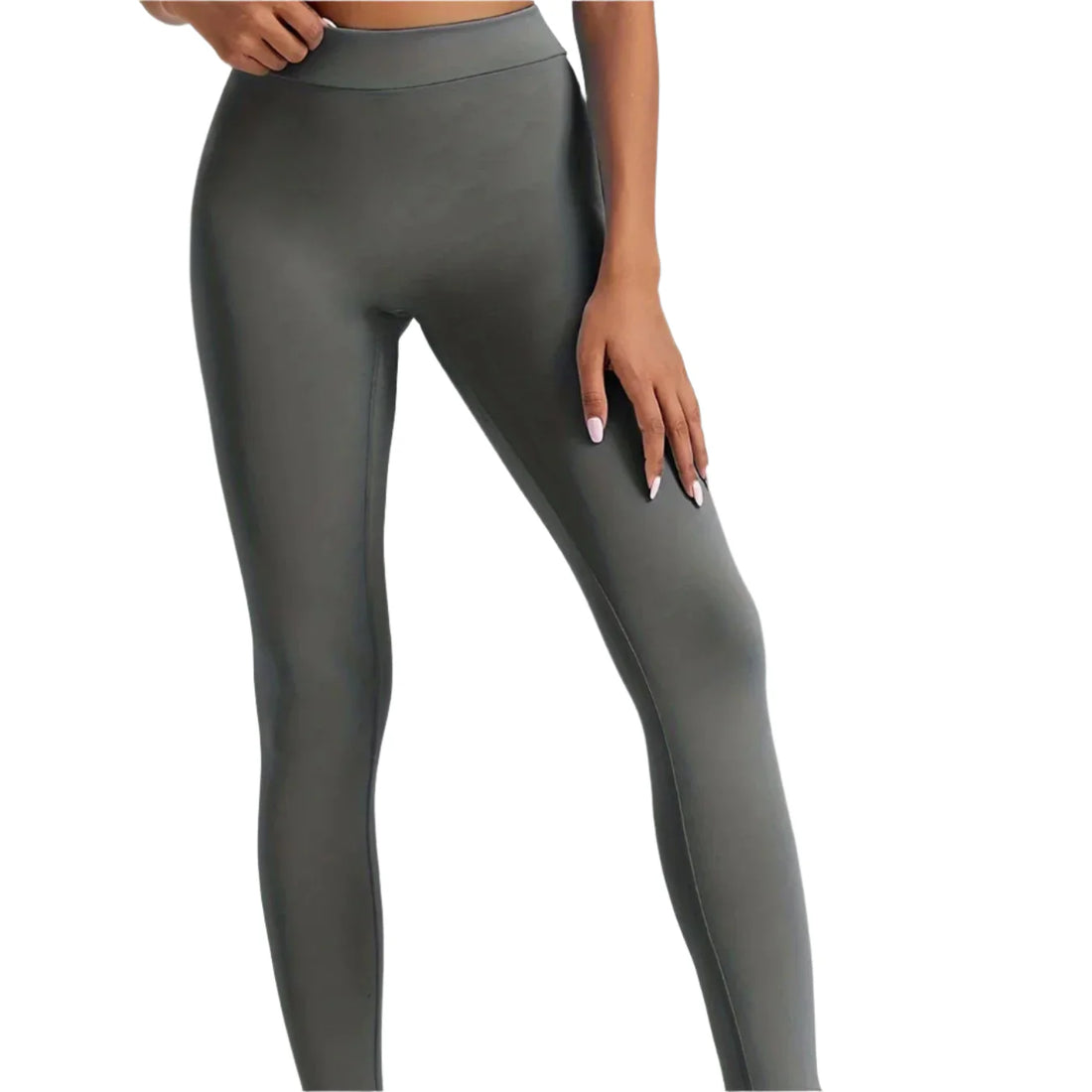 Gray leggings worn by a person on a white background