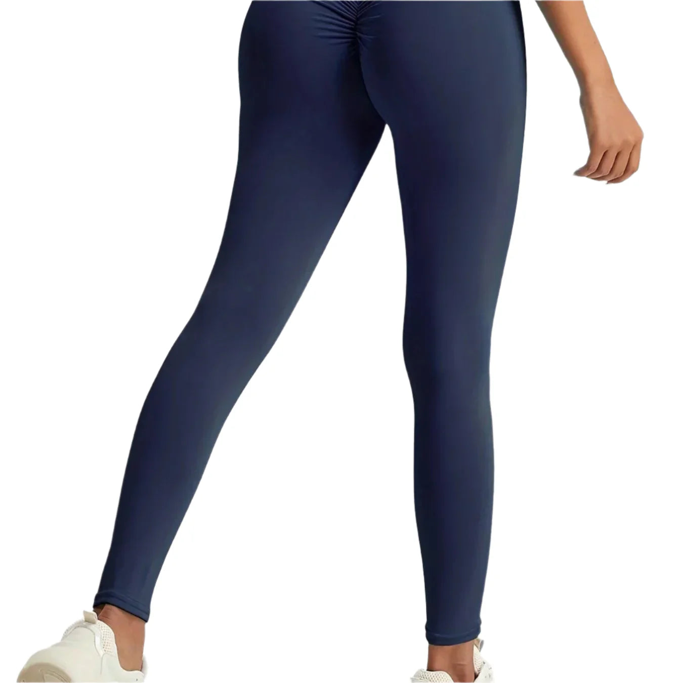 Navy blue leggings worn by a person on a white background