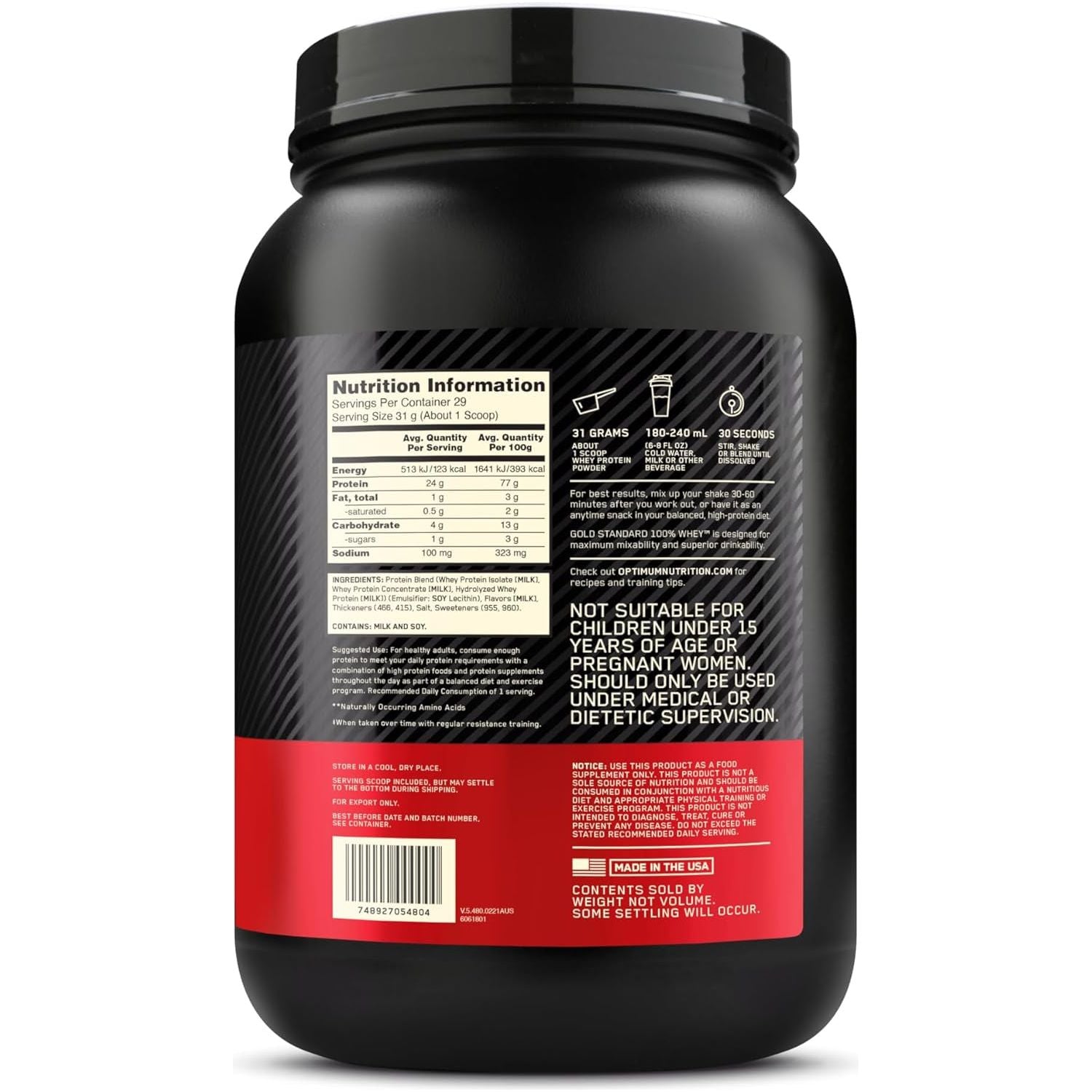 Gold Standard 100% Whey Protein Powder, Vanilla Ice Cream, 907G