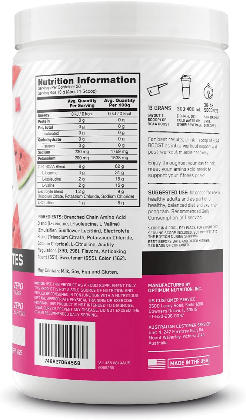 BCAA BOOST 8G BCAA + Electrolytes Powder, Watermelon Cooler, 390G, 30 Servings