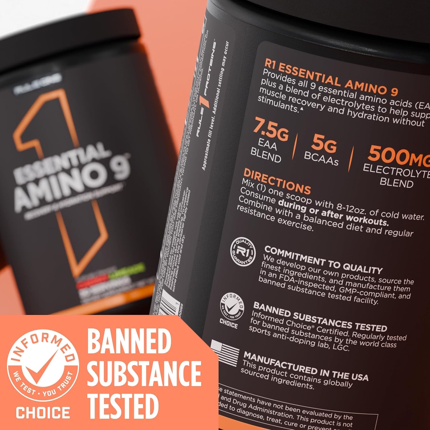 R1 Essential Amino 9 Recovery & Hydration Support Supplement 345 G, Peach Mango (30 Servings)